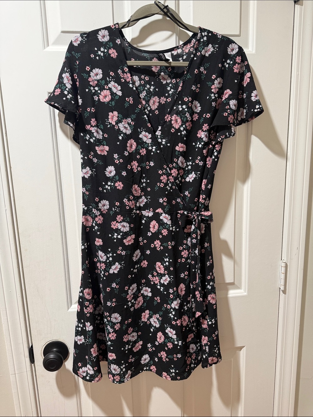 H&M Black Midi Wrap Dress with Pink Floral Print
